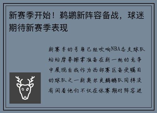 新赛季开始！鹈鹕新阵容备战，球迷期待新赛季表现