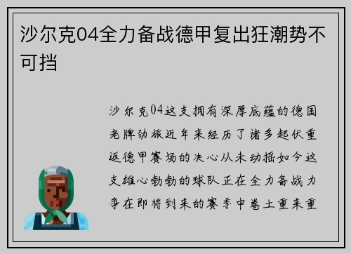 沙尔克04全力备战德甲复出狂潮势不可挡